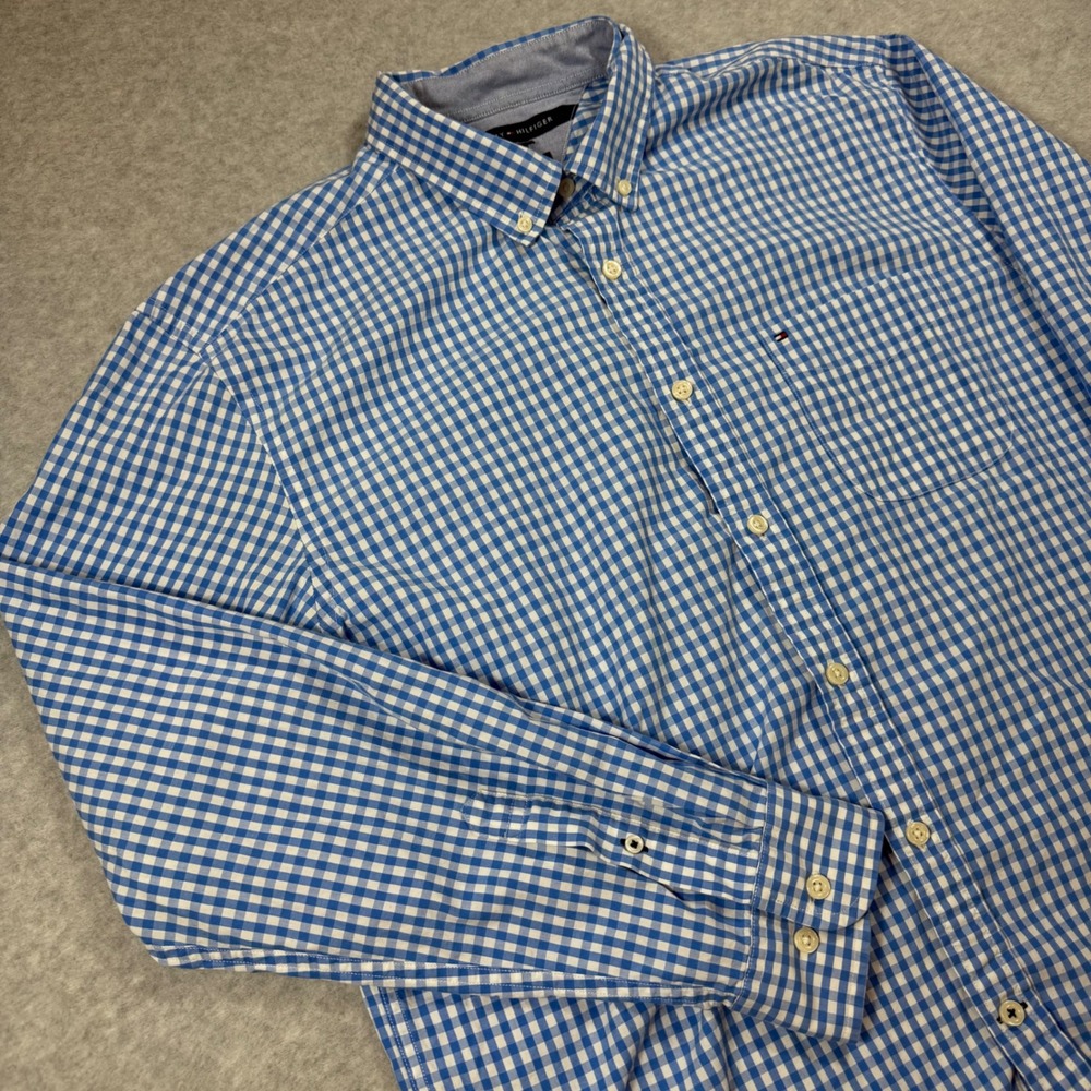 Tommy Hilfiger Button Down Shirt Mens XL Blue Gingham Custom Fit Long Sleeve